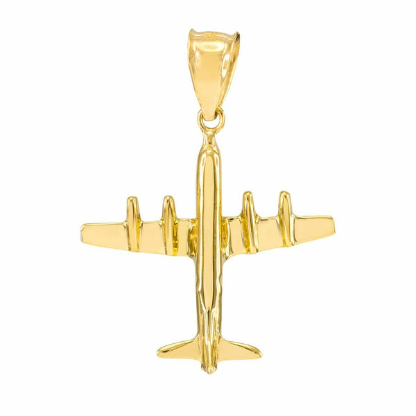 10k Solid Yellow Gold 3D Airplane Pendant Necklace