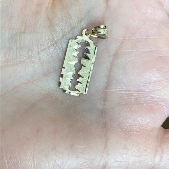 14K Solid Yellow Real Gold Razor Blade Pendant Necklace Barber Shop
