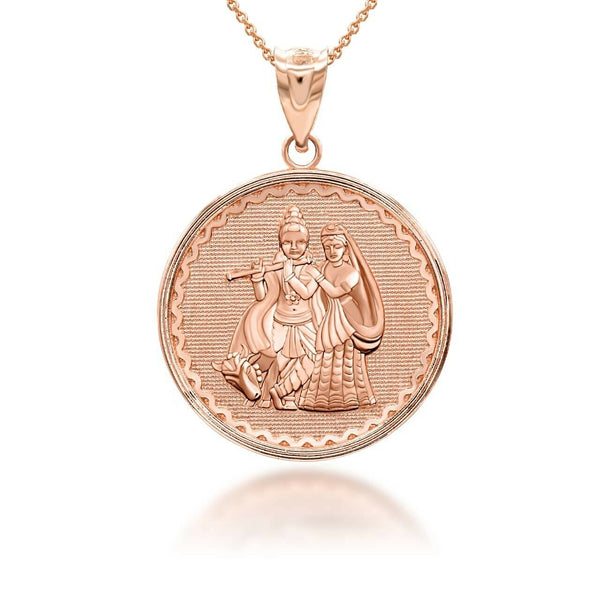 10K Solid Gold Radha Krishna Hindu Pendant Necklace - Yellow, Rose, or White