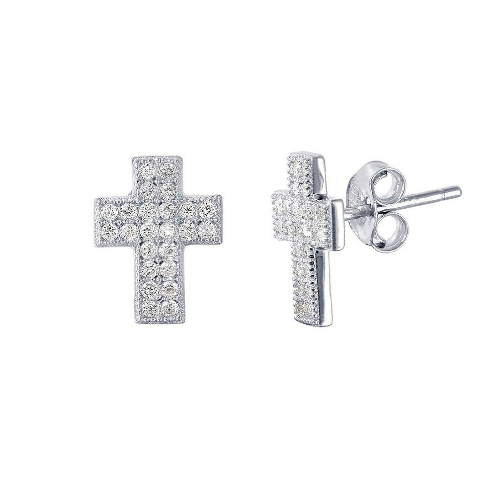 Sterling Silver 925 Dangle CZ Cross Stud Earrings