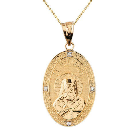 14k Solid Gold Orthodox Saint Nectarios Diamond Oval Engrave Pendant Necklace