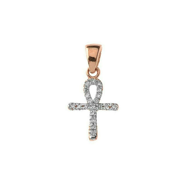 14k Solid Rose Gold Mini Diamond Ankh Cross Pendant Necklace - Minimalist