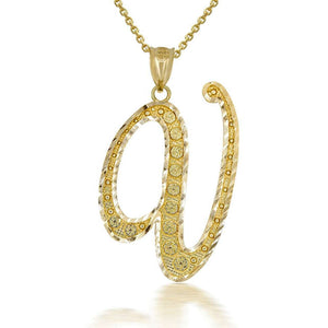 10k Solid Yellow Gold Cursive Initial Letter V Pendant Necklace