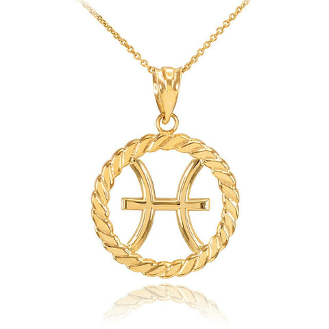 14K Solid Gold Pisces Zodiac Sign in Circle Rope Pendant Necklace