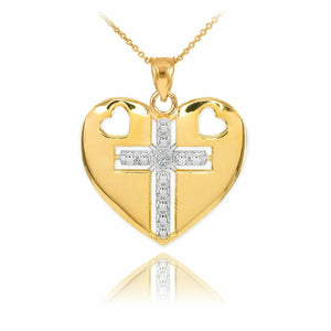 Solid 14k Two Tone Gold Heart Cross Diamond Pendant Necklace