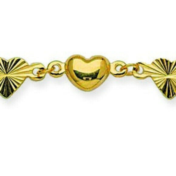 14K Solid Gold Puff Heart DC Station Anklet - Yellow 9"-10" adjustable