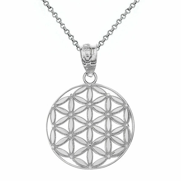 14K Solid White Gold Flower of Life Sacred Geometry Pendant Necklace
