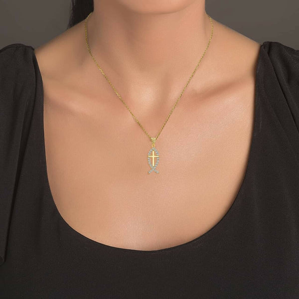 10K Solid Gold Christian Cross Jesus Christ Ichthus Fish Pendant Necklace