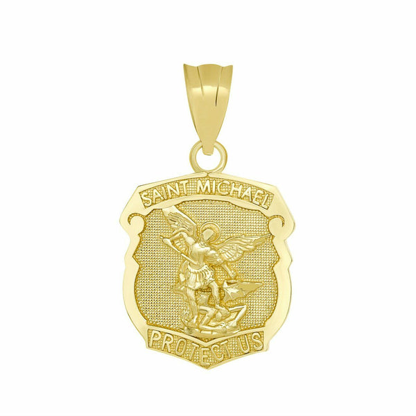 10k Solid Yellow Gold Saint Michael Protect Us Shield Pendant Necklace