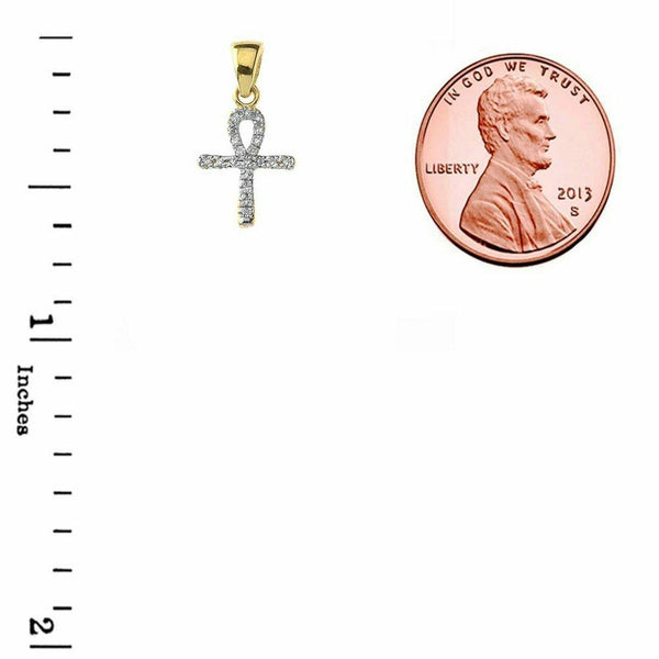 10k Solid Yellow Gold Mini Diamond Ankh Cross Pendant Necklace - Minimalist