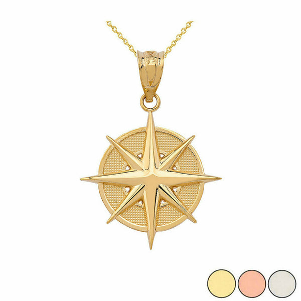 10K Solid Yellow Gold Nautical Compass Pendant Necklace