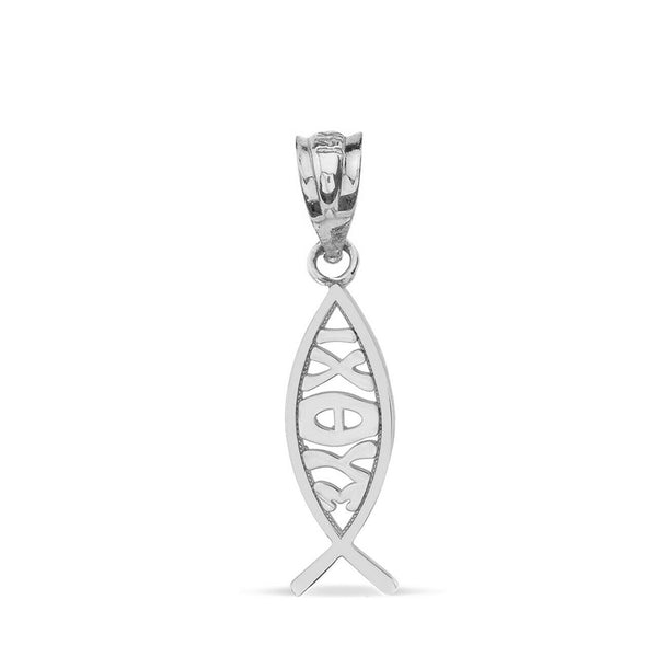 14k Solid White Gold ????? ΙΧΘΥΣ Ichthys Greek Jesus Fish Pendant Necklace