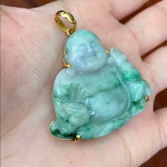 14K Solid Real Gold Natural Jadeite Jade Happy Laughing Buddha Pendant 705