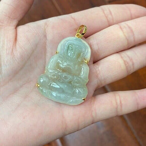 14K Solid Gold Female Tara Buddhist Buddha Natural Jade Pendant Bodhisattva