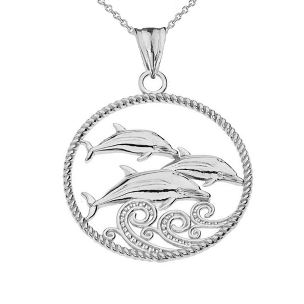 925 Sterling Silver Roped Dolphin Trio Pendant Necklace 16", 18", 20", 22"