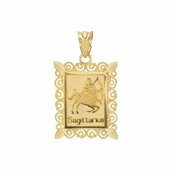 14k Solid Gold Sagittarius Zodiac Sign Filigree Rectangular Pendant Necklace