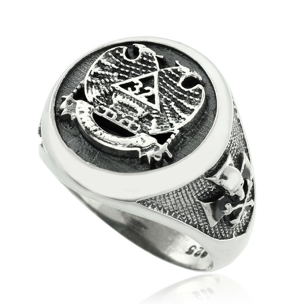 Vintage Symbol Oxidized Silver Scottish Rite Masonic Freemason Master Mason Ring