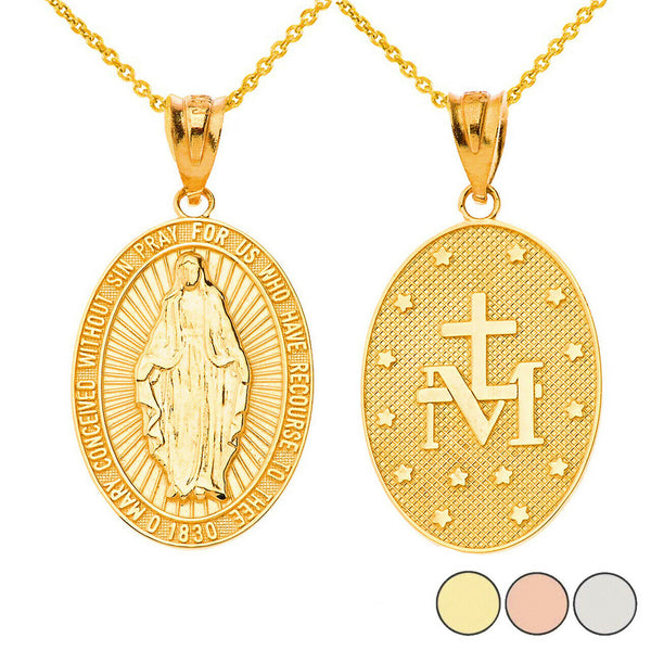 10K Solid Gold Our Lady of Graces Miraculous Medal Oval Pendant Necklace