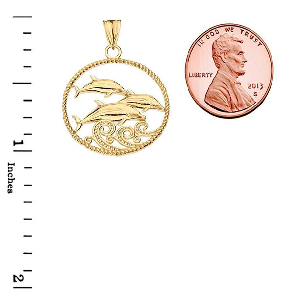 10k Real Solid Yellow Gold Roped Dolphin Trio Pendant Necklace