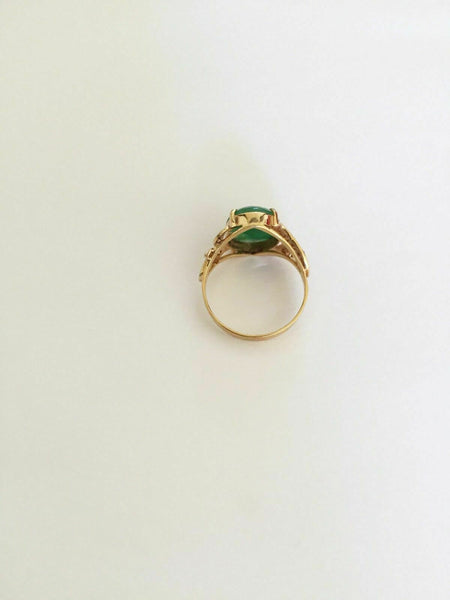 14K Solid Yellow Gold Oval Green Jade Women CZ Ring Size 5.5