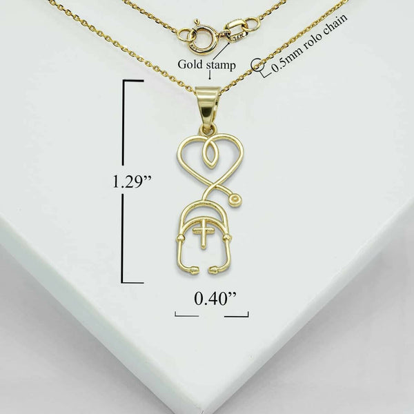 10K Solid Gold Stethoscope Cross Pendant Necklace  - Yellow, Rose, White