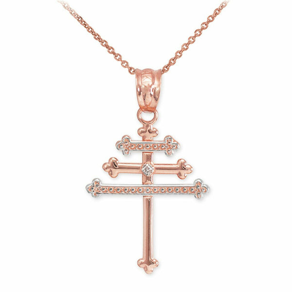 10k Solid Rose Gold Diamond Maronite Aramaic Cross Pendant Necklace