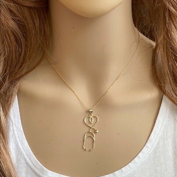 10k Solid White Gold Stethoscope Heart Pendant Necklace 16" 18" 20" 22"
