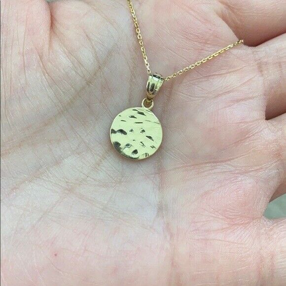Solid 14k Yellow Gold Mini Hammered Round Small Disk Disc Pendant Necklace