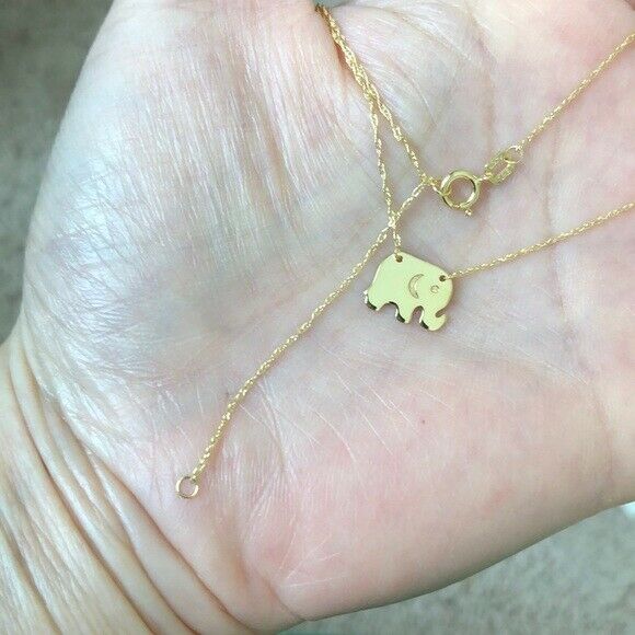 14K Solid Yellow Gold Mini Elephant Pendant Dainty Necklace 16"-18" Adjustable