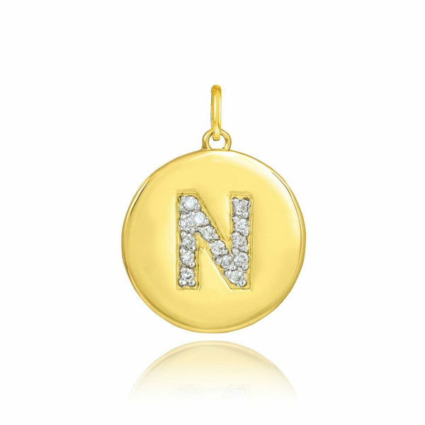 Solid 10k Yellow Gold Letter "N" Initial Diamond Disc Charm Pendant Necklace