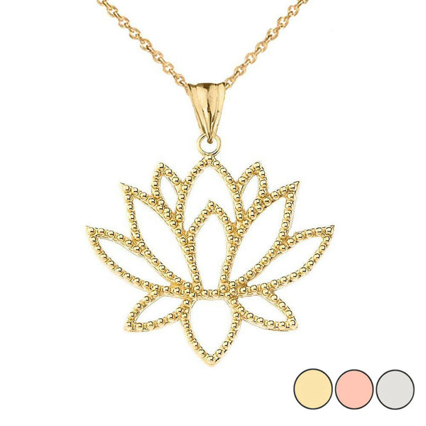 10k Solid Gold Double Sided Lotus Flower Buddism Pendant Necklace