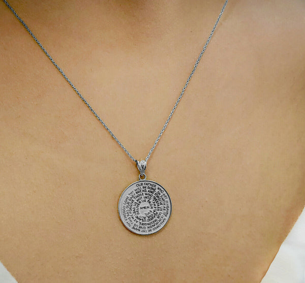 14k Solid White Gold The Lord's Prayer Medallion Pendant Necklace