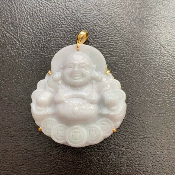 14K Solid Gold Natural Jadeite White Jade Happy Laughing Buddha Pendant Large