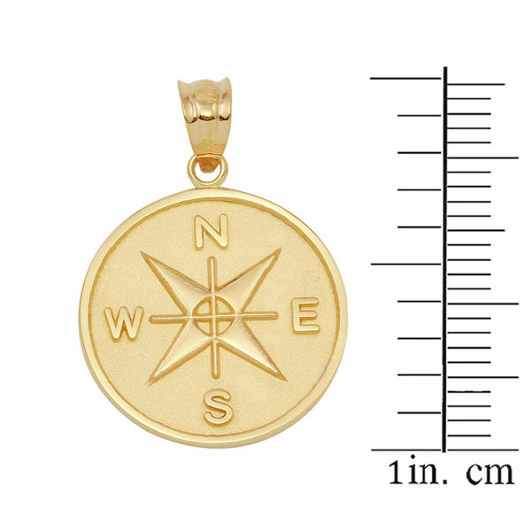 10k Yellow Gold North South East West Compass Travel Medallion Pendant Necklace