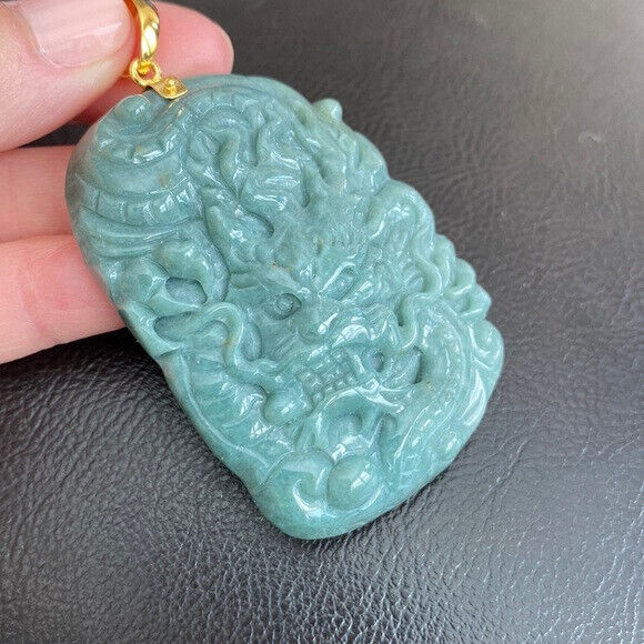 14K Solid Real Yellow Gold Carved Dragon Natural Jade Pendant Green Men Carving
