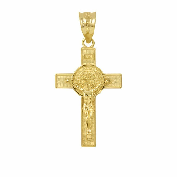 14K Solid Yellow Gold Medium St. Benedict Crucifix Cross Pendant Necklace 1.36"