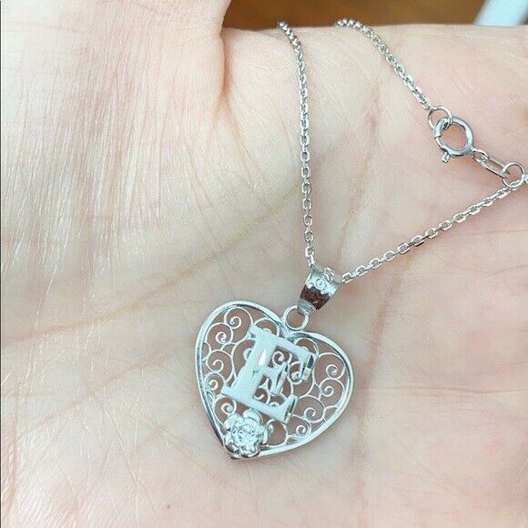 925 Sterling Silver Filigree Heart CZ Initial Letter E Pendant Necklace