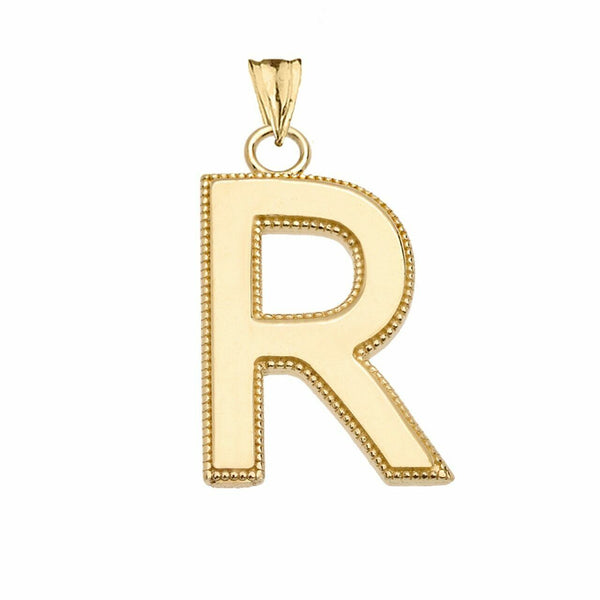 10k Solid Gold Small Milgrain Initial Letter R Pendant Necklace Personalized