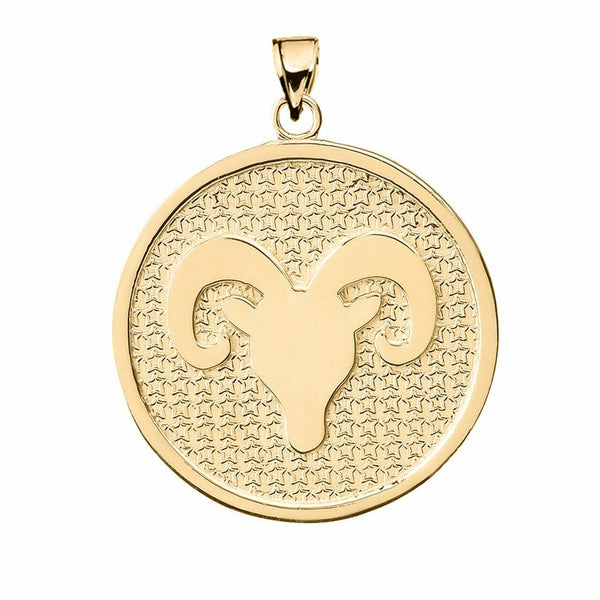 10K Solid Gold Aries Zodiac Sign Disc Round Pendant Necklace 16" 18" 20" 22"