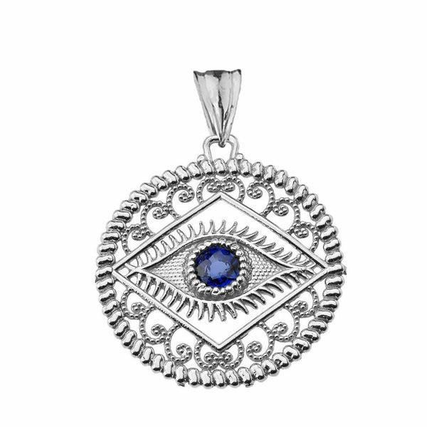 14k Solid White Gold Round Filigree Evil Eye Pendant Necklace