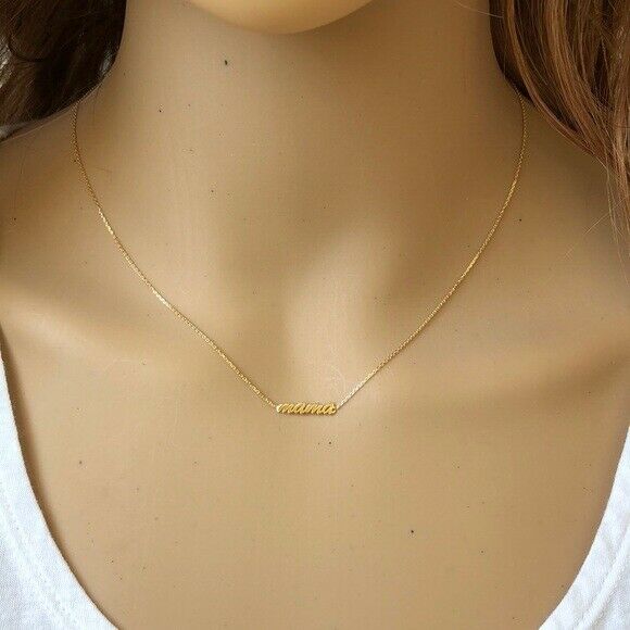 14K Solid Gold Script "Mama" Mini Plate Choker Necklace 16" Adjustable Yellow