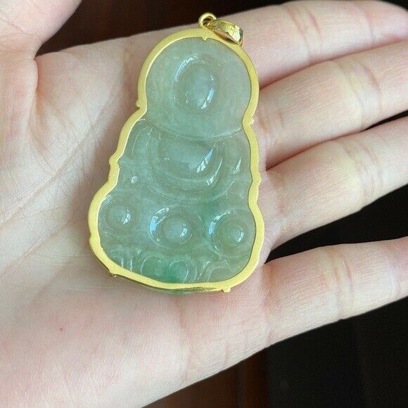 14K Solid Gold Lady Tara Buddhist Buddha Natural Jade Pendant Bodhisattva