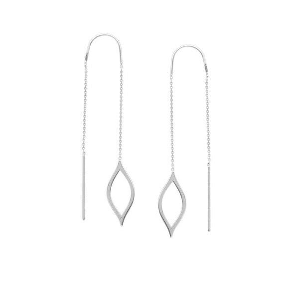 14K Solid White Gold Stationary Marquise Cut Out Threader Earrings