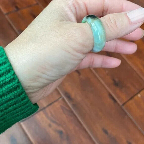 White Green Natual Jade Band Ring Big Size 10.5 - Unisex Width 10mm