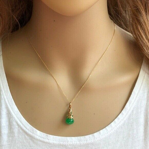 14K Solid Gold Sm Green Jade Gourd Bottle Eagle Pendant /Charm Dainty Necklace