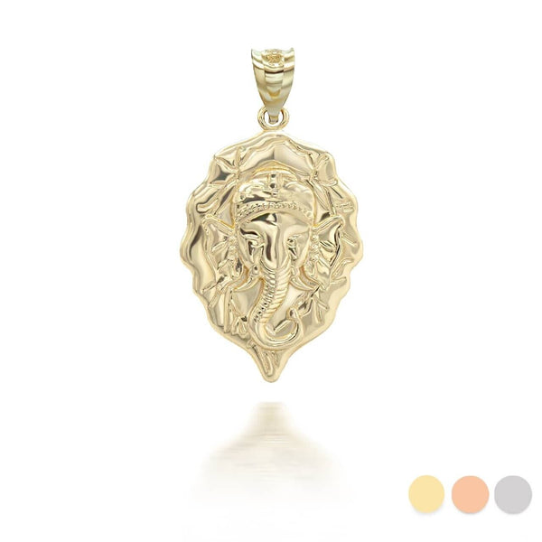 14K Solid Gold Hindu Lord Ganesha Elephant Pendant Necklace Yellow, Rose, White