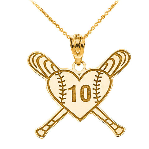Personalized Name Number 10k 14k Gold Baseball Bats Heart Pendant Necklace