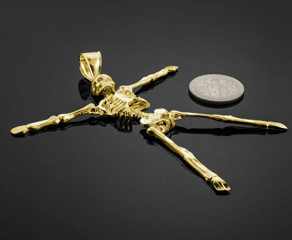 Solid 14k Yellow Gold Diamond-Cut Gold 3D Skeleton Dangle Pendant Charm