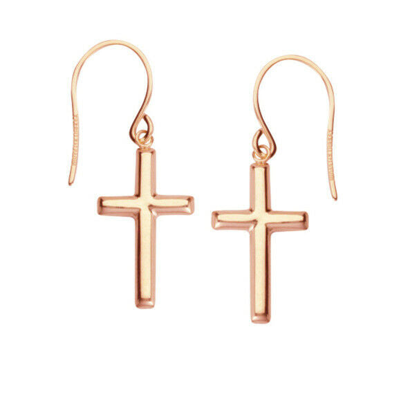 925 Sterling Silver Rose Gold Plated Dangle Cross Euro Wire Earrings