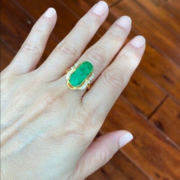 14K Solid Real Yellow Gold Rectangle Green Jade CZ Ring Size 6.75